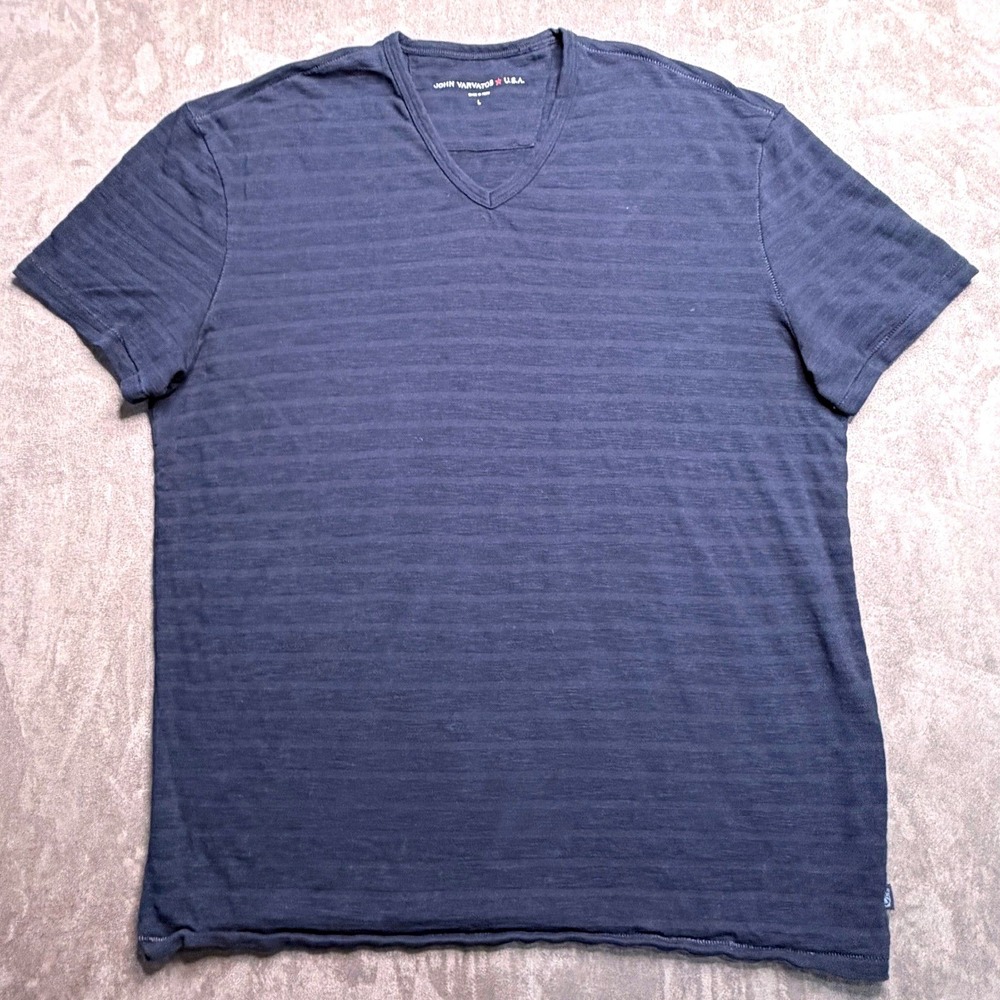 John Varvatos USA T-Shirt Mens L Navy Blue Textured Stripe V-Neck Cotton Slub